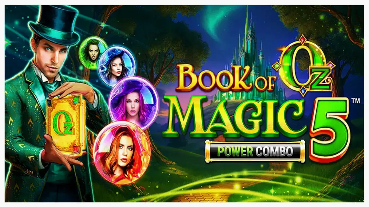Interface mágica do slot Book of Oz Magic 5 Power Combo com elementos da Cidade das Esmeraldas